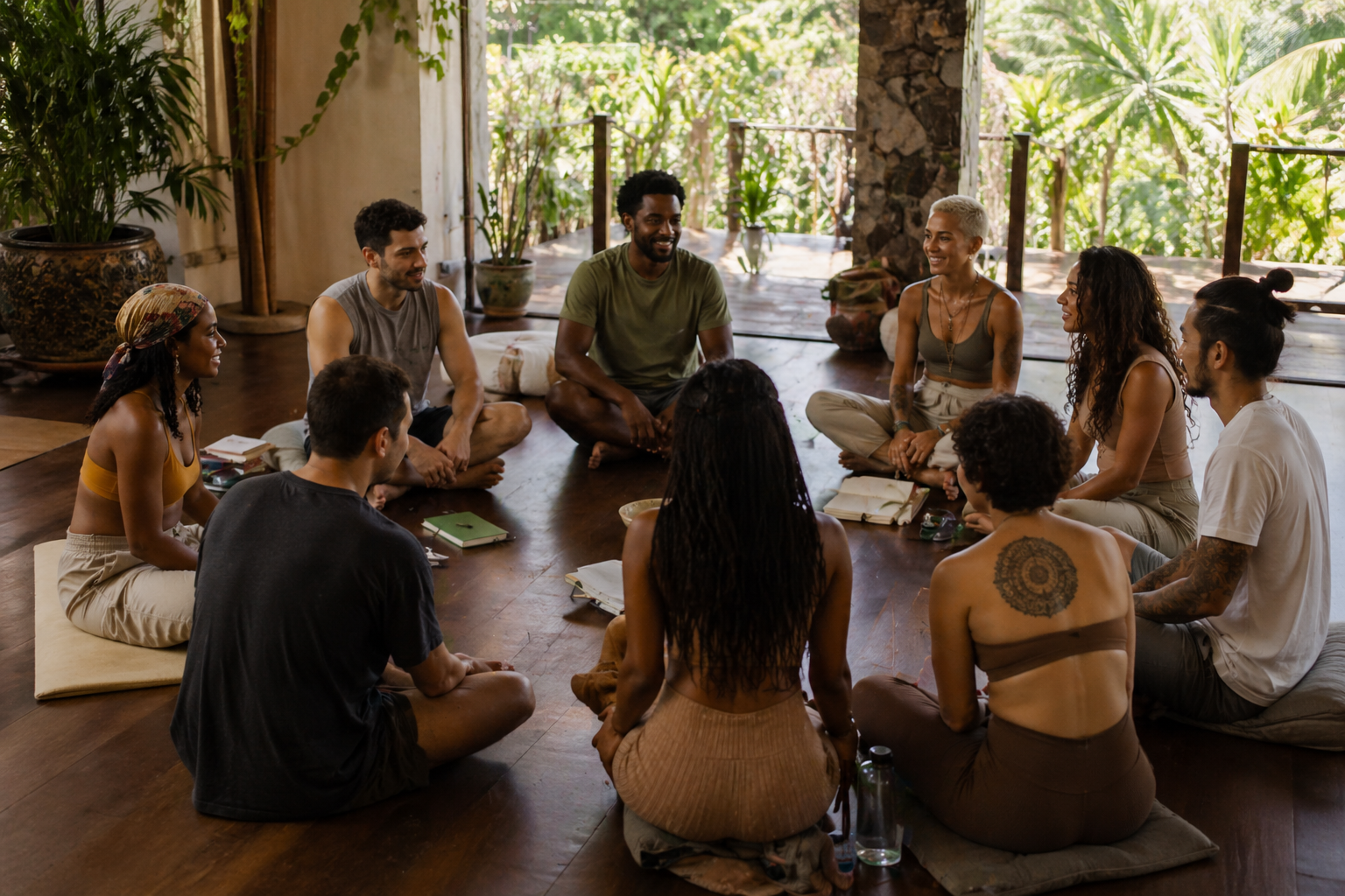 A diverse group of people sitting on the floor in a circle, engaged in a discussion or meditation session inside a room with large windows and greenery outside.