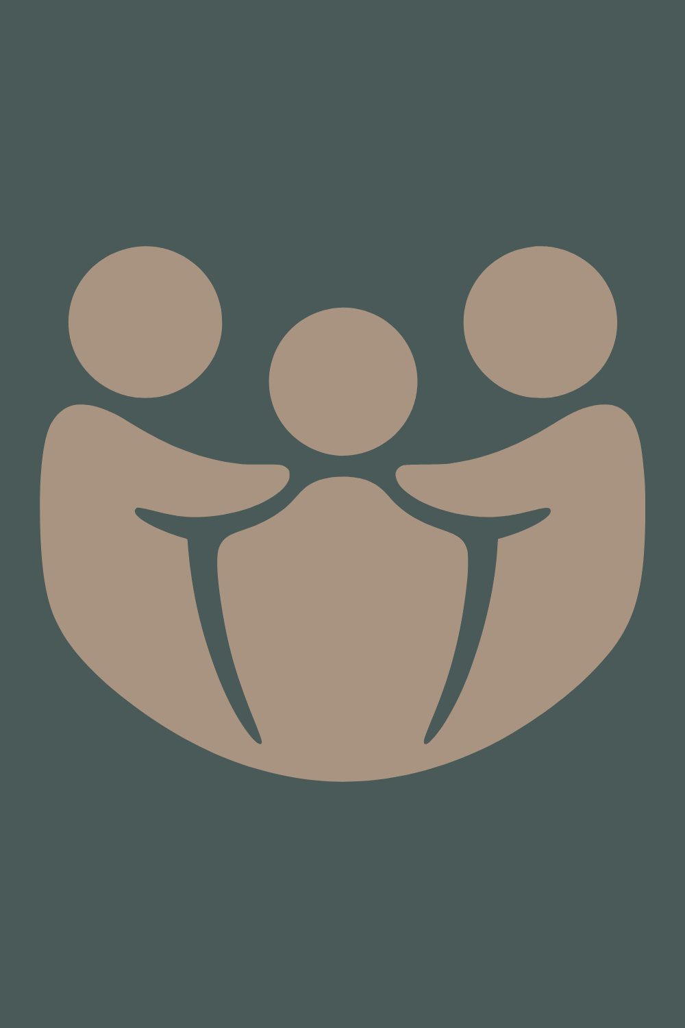 Simplified graphic of three abstract human figures in beige and dark green background.