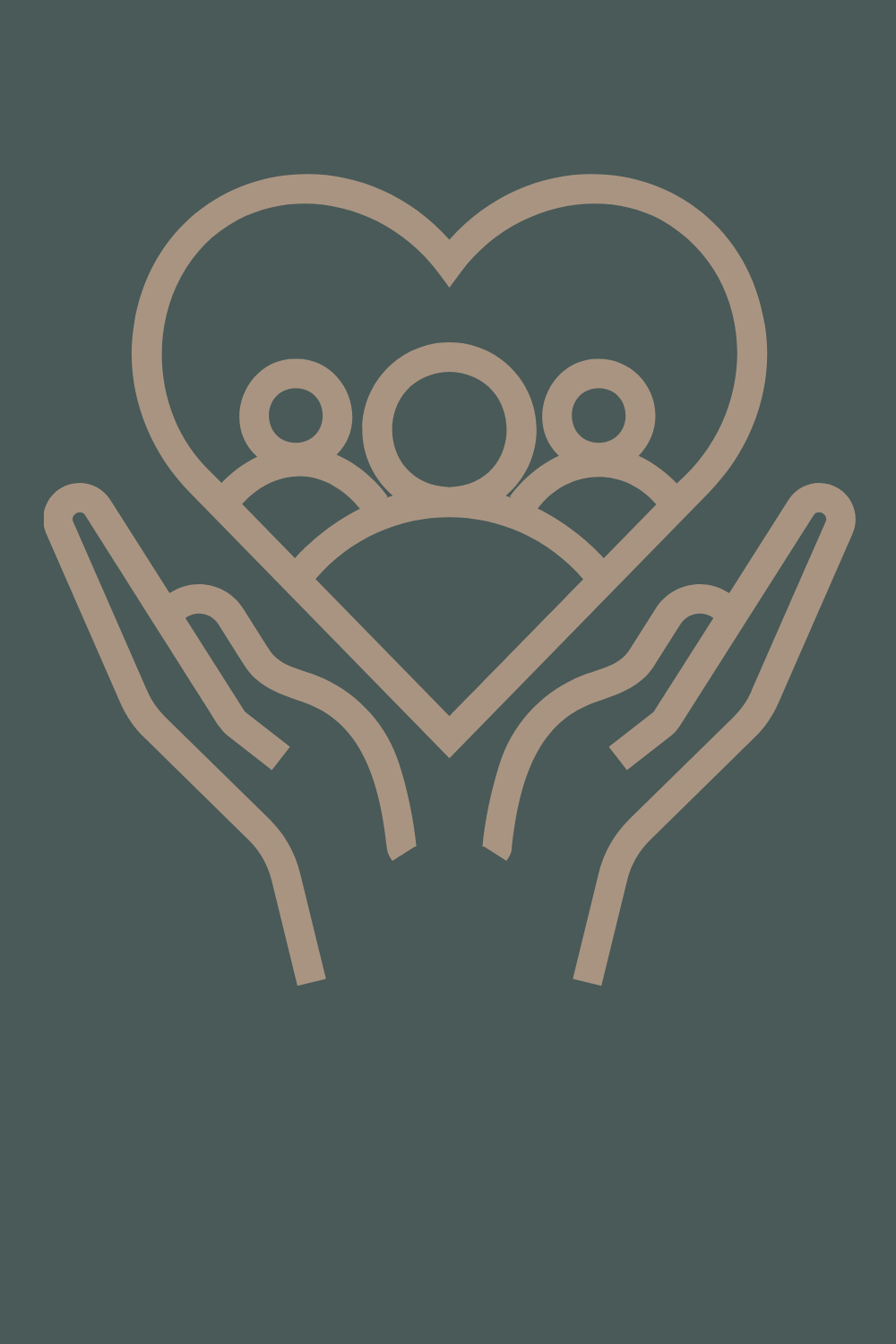 Outline of hands holding a heart with three people inside it.