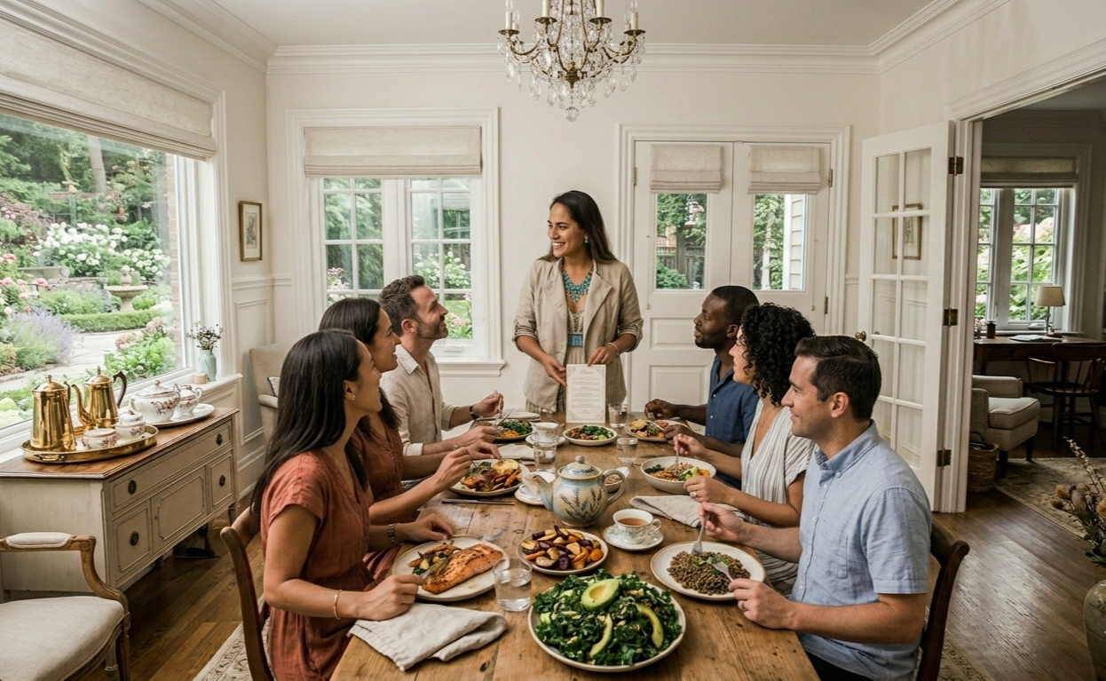 Private chef Iraimer Ruiz serving a family-style dinner with whole foods for longevity for private client in Connecticut.