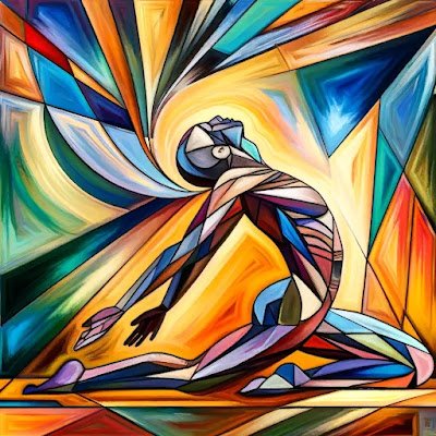 DALL·E 2024-04-12 12.16.13 - A cubist-style painting depicting a person engaged in psychedelic posture therapy. The image features fragmented, abstract shapes and vibrant colors t.jpg