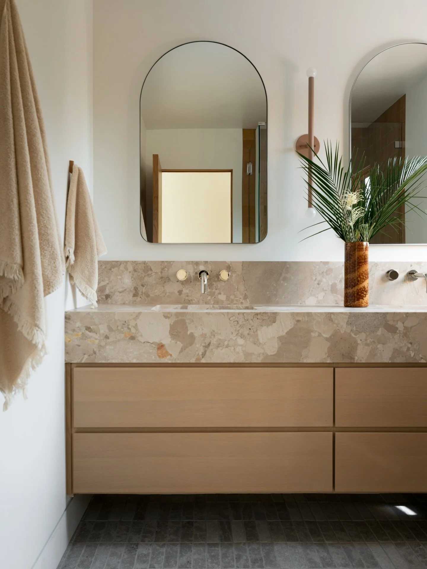 BEFORE &amp; AFTER - I really wanted this bathroom to feel like a spa retreat! The gorgeous Ceppo Marble Stone was the foundation of the entire design - I knew it was meant for this project from the moment I saw it at the slab yard! Paired with custo