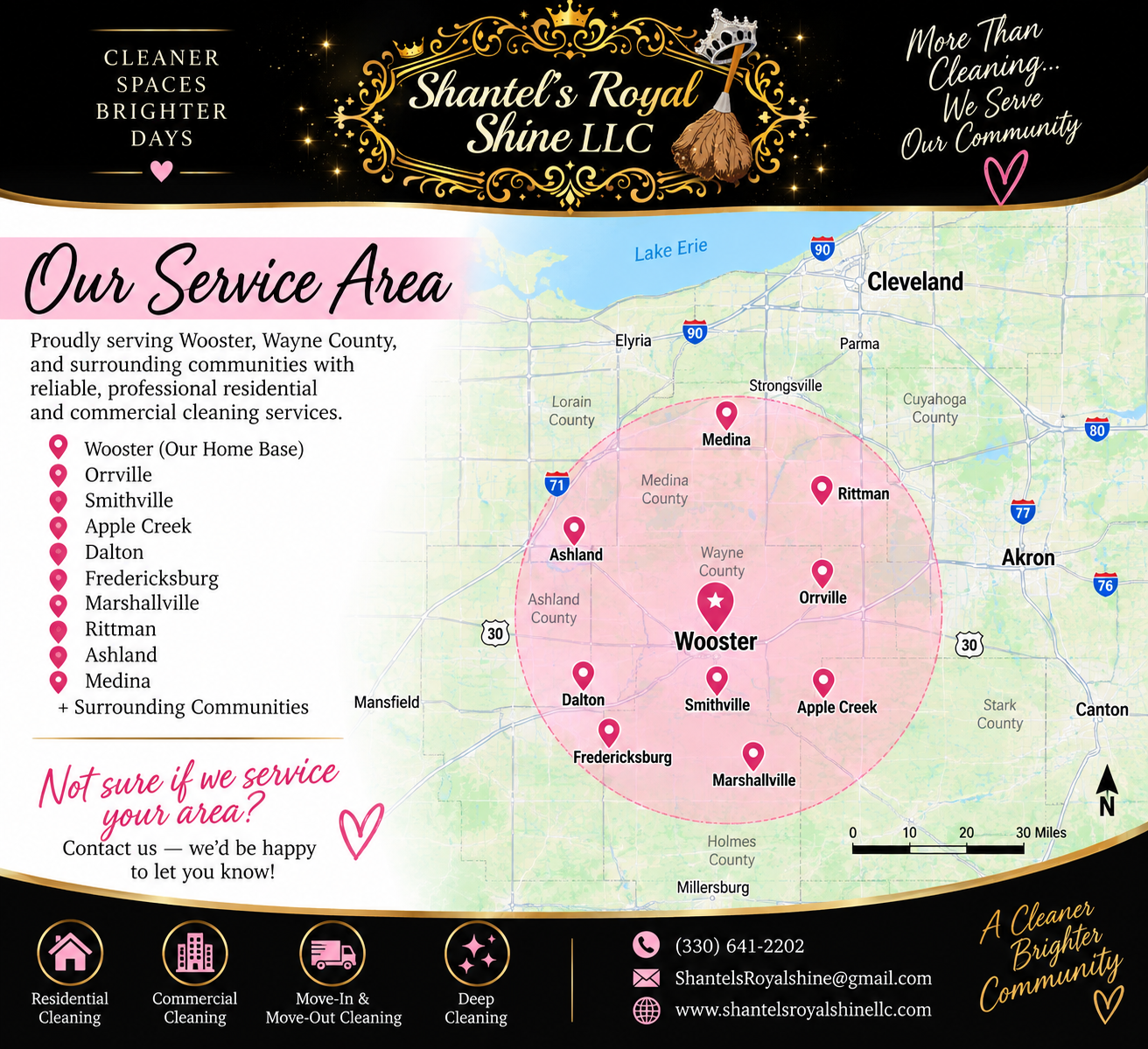 Shantel's Royal Shine residential cleaning service area map around Wooster Ohio