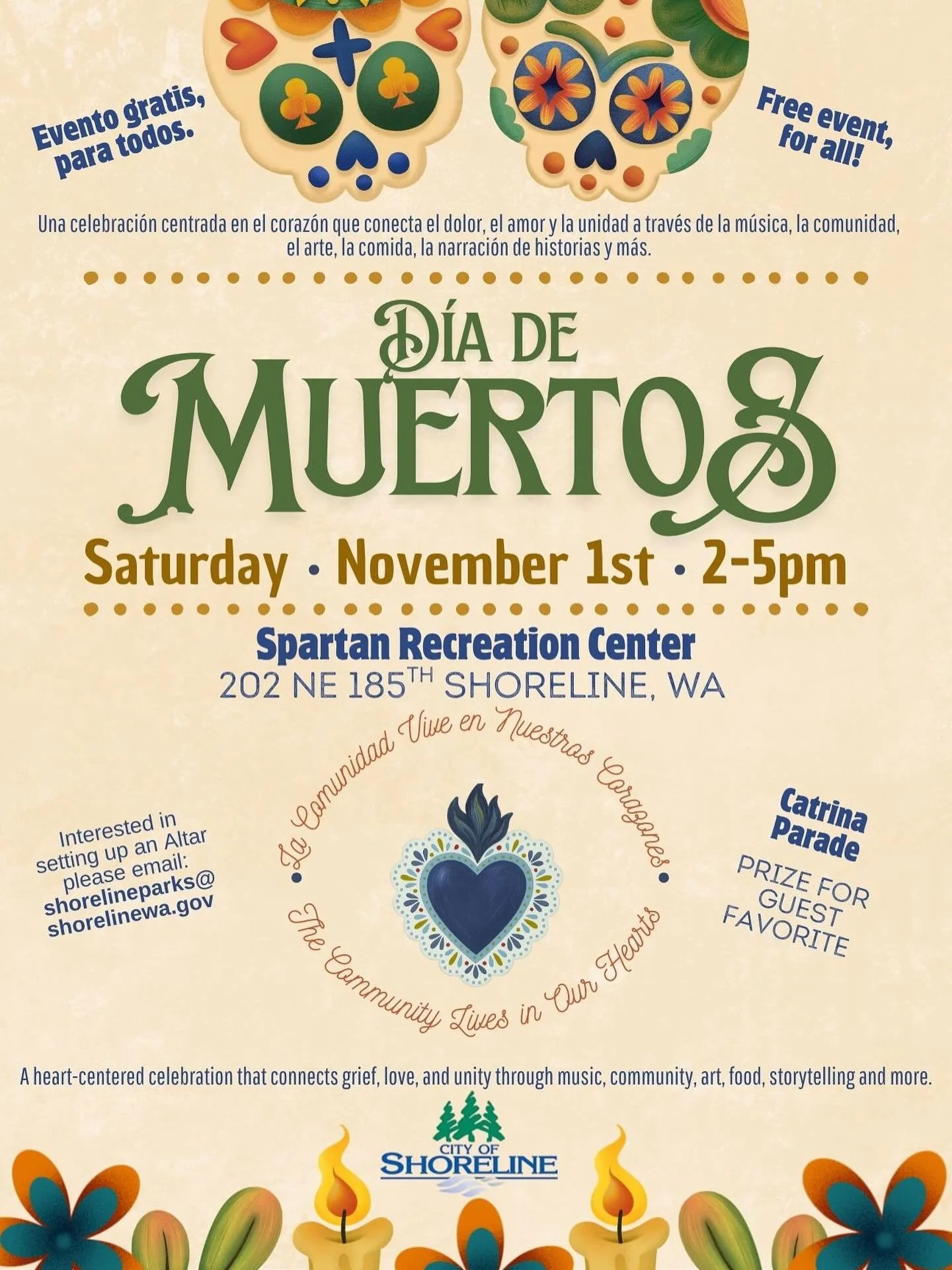 Join the City of Shoreline for a heart-centered D&iacute;a de Muertos celebration Today, November 1st from 2&ndash;5 PM at the Spartan Recreation Center. This free, family-friendly event honors the tradition of remembering and celebrating loved ones 