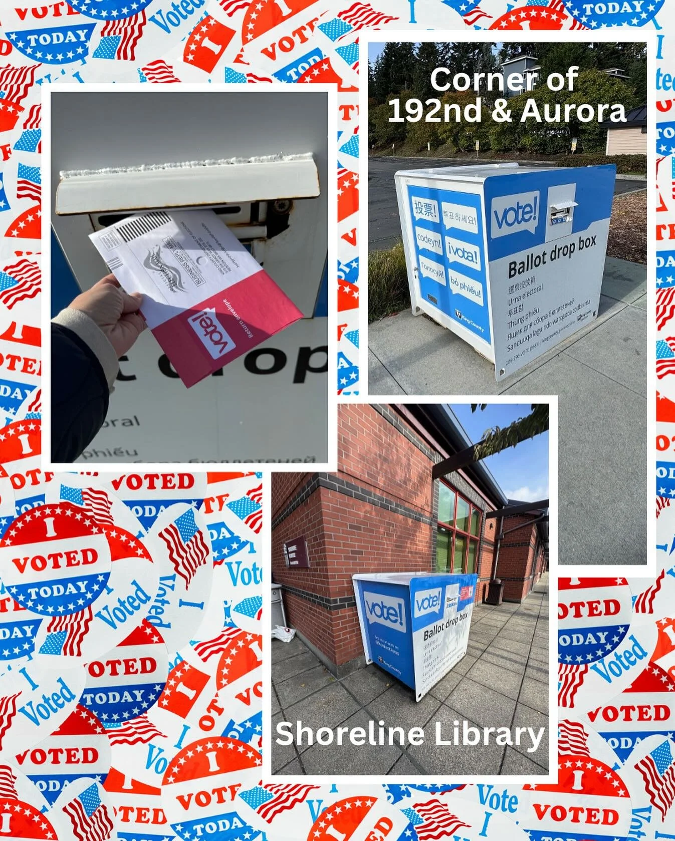 Have you dropped off your ballot?! Ballots are due by 8 PM on Tuesday, November 4th! This close to the election date, use one of the two ballot drop locations in Shoreline. Either the Shoreline Library or the corner of 192nd and Aurora. (We went to b