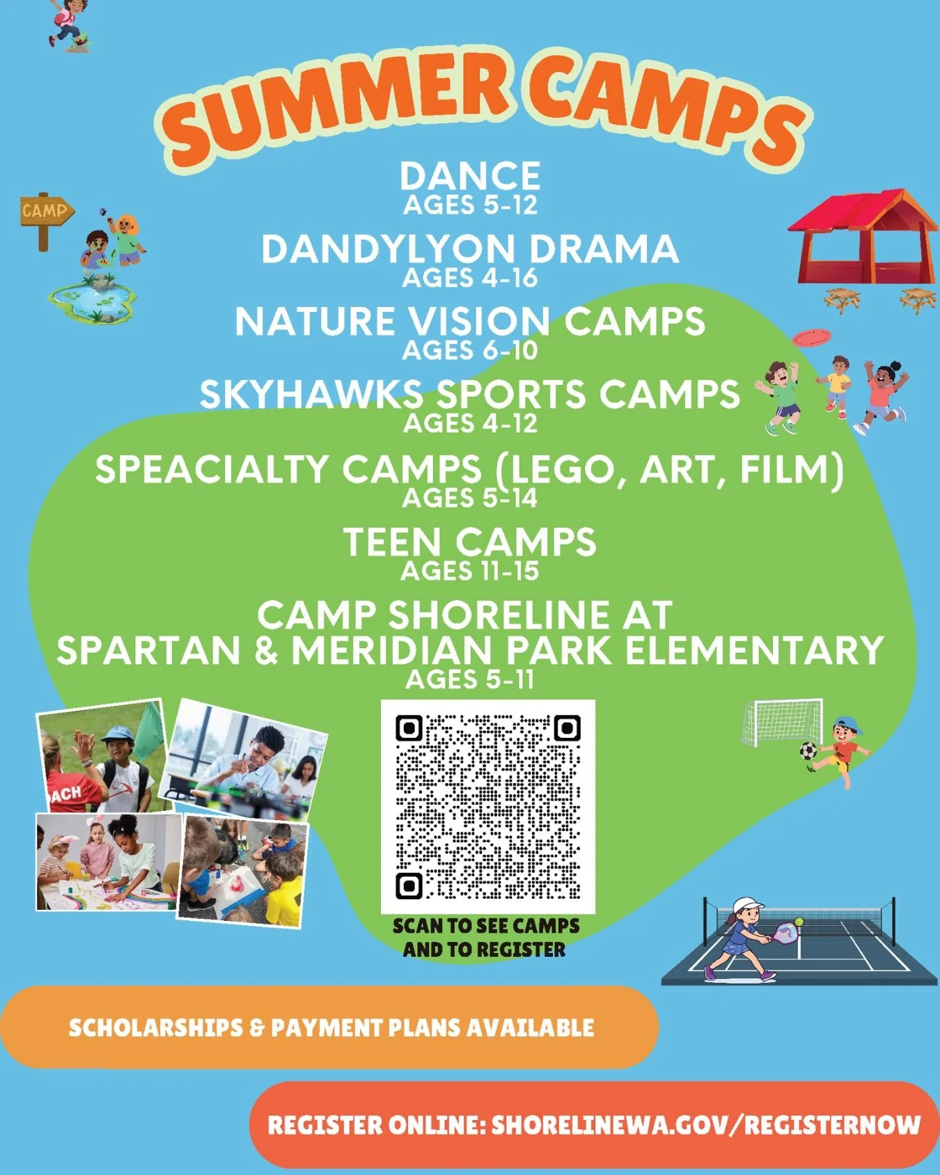 T-Minus 3 weeks until the end of the school year! 🤯 
If you're still looking for summer camp options, good news, the City of Shoreline still has openings in a variety of summer camps, but spots are filling quickly!

Keep those kids local with:
🎭 Cr