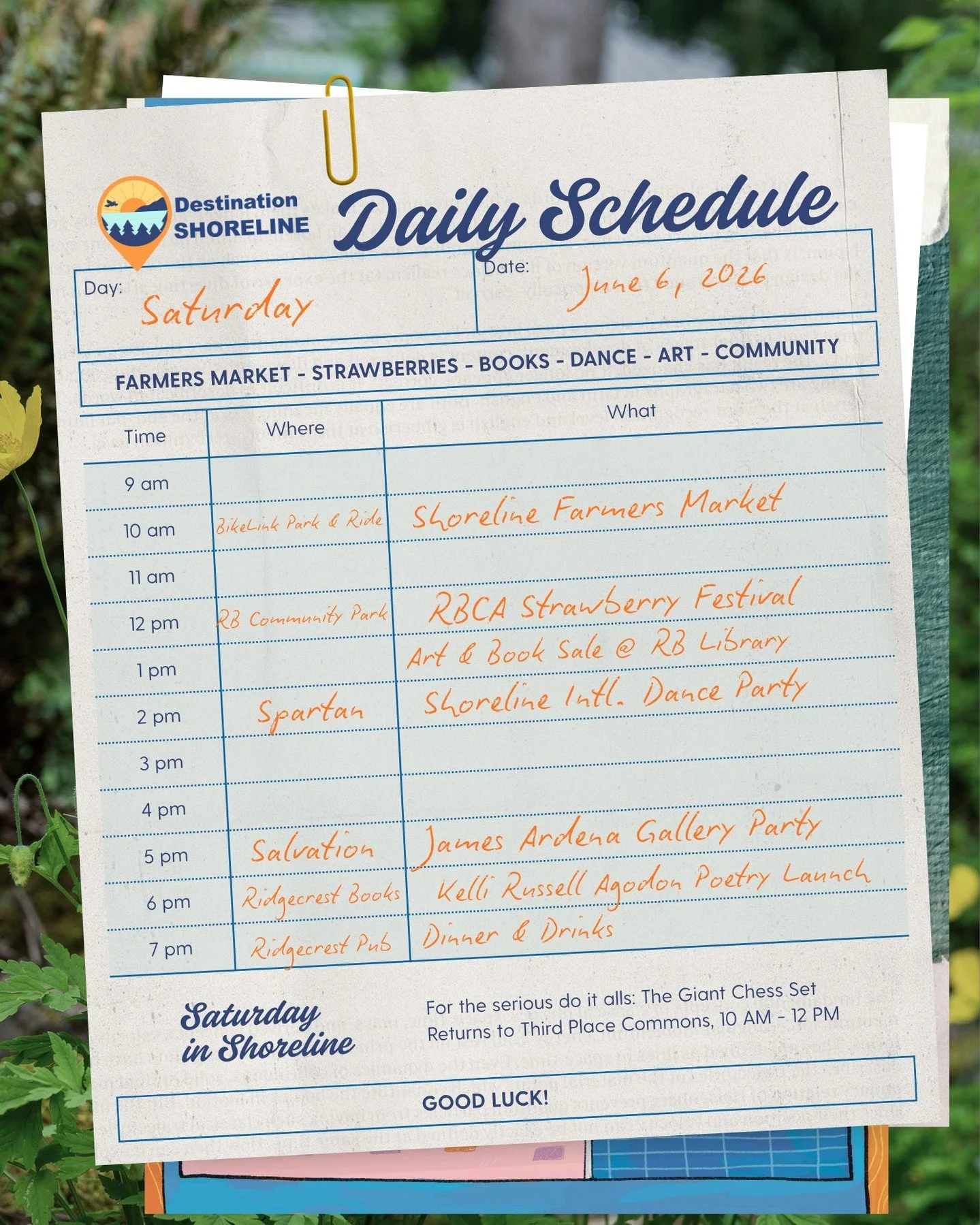 🍓📚💃🎨 Challenge accepted, Shoreline.

Have you ever looked at a Saturday event calendar and thought, "What if I just... did all of it?"

Well, we mapped it out, and we're pleased (and slightly concerned) to report that it is, in fact, po