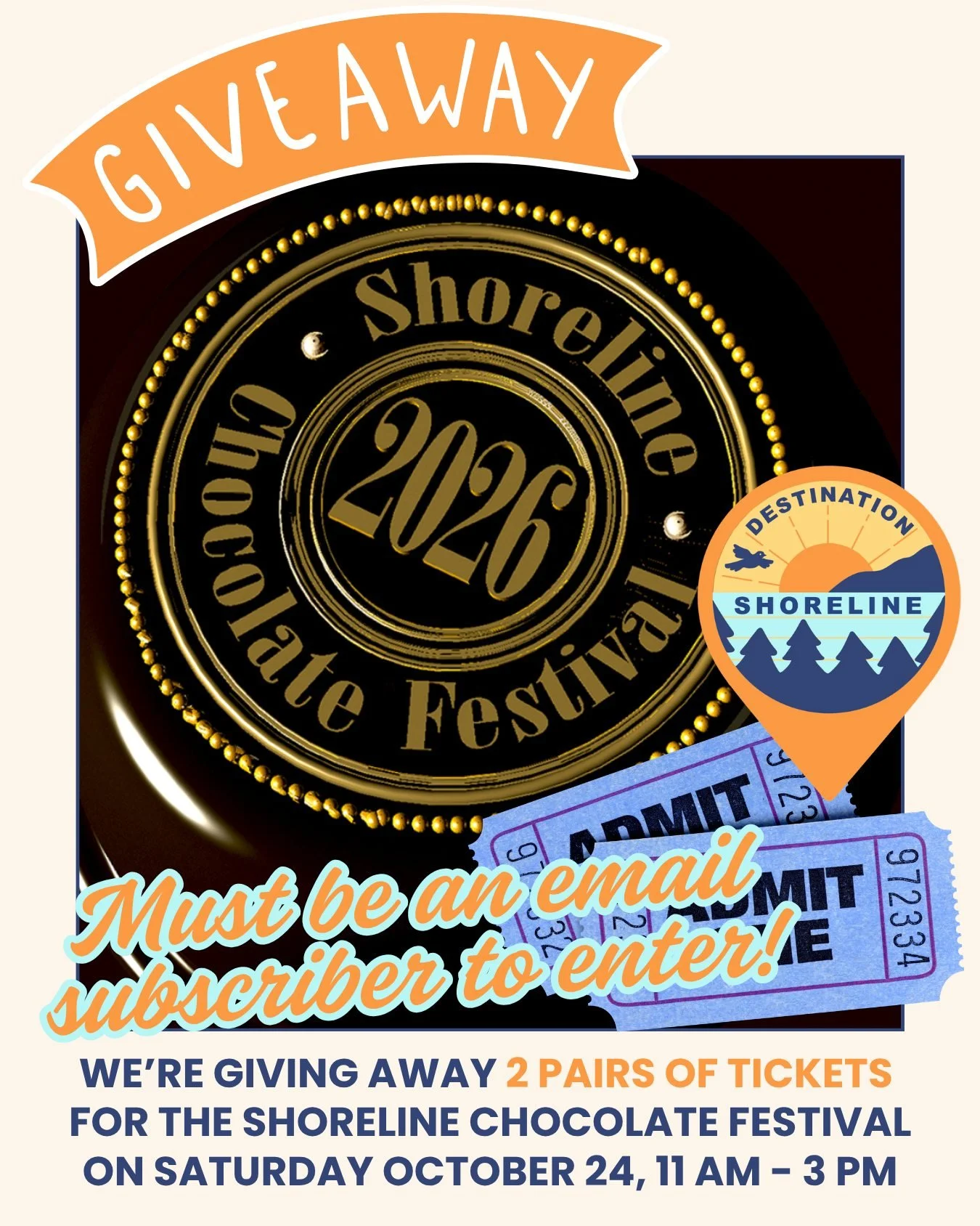 🍫 We're giving away 2 PAIRS OF TICKETS to the first annual Shoreline Chocolate Festival on Saturday, October 24! 🍫🎉

Prepare yourself for a delicious afternoon featuring seven local artisan chocolatiers, all in one place! Sample handcrafted chocol