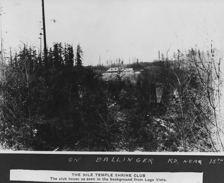 About 1927. Nile Temple Shrine Club is seen in the background from Lago Vista. Nile Temple Shrine Club on Ballinger Road near 15th Avenue. Photo provided by the H.A.Cross album, property of Shoreline Historical Museum.