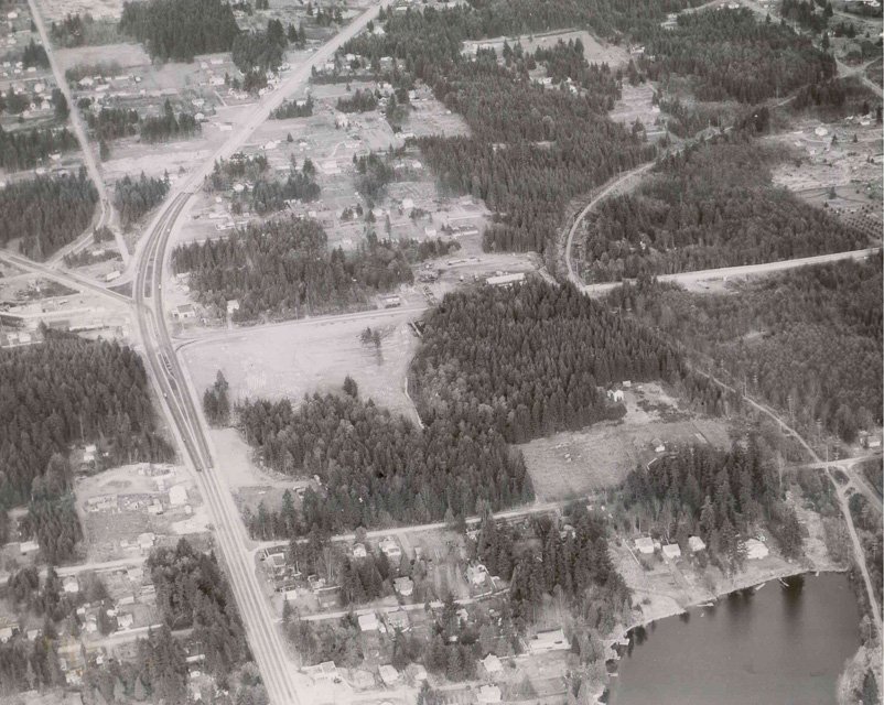 1949. Aerial Survey of Echo Lake, N. 205th and Aurora. Echo Lake in foreground with Interurban track. 205th and Aurora. Photo donated in May 1994 by Phyllis (Robinson) Clark.