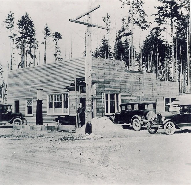 1928. Early store and gas station in North City. Early store and gas station under construction at the corner of 15th Avenue and 177th Street. Later became North City Tavern and Lounge. Photo from H.A.Cross album, property of Shoreline Historical Mus