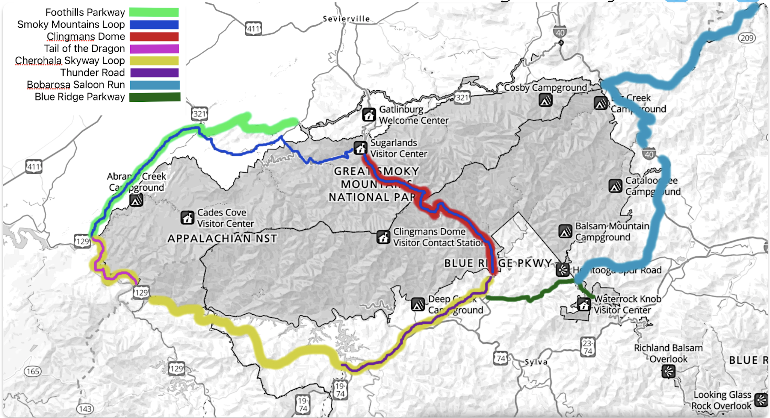 Riding map of the popular motorcycle routes in East Tennessee