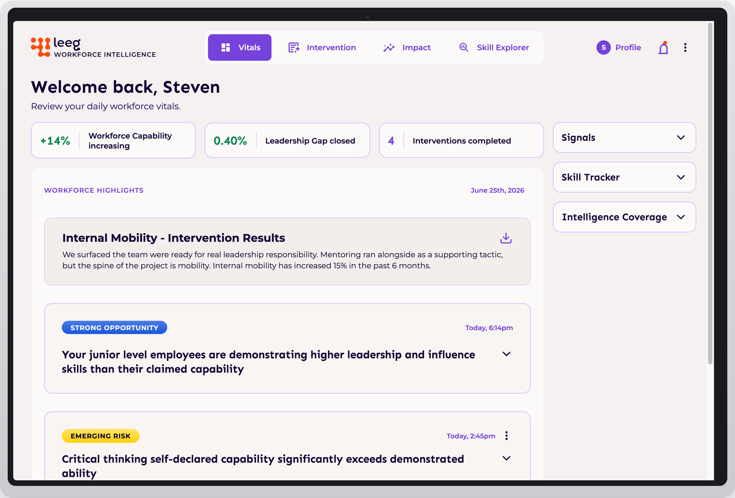Screenshot of a workforce management dashboard with a purple and white interface. The dashboard welcomes user Steven and provides workforce metrics, updates, and alerts, including a section labeled 'Workforce Highlights' with various progress indicators and alerts.