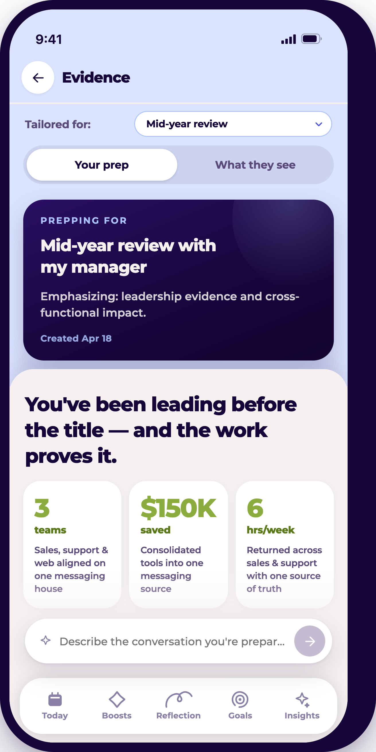 Mobile app screen displaying evidence tracking for a mid-year review, with sections about leadership impact, team performance, and work achievements, including icons for navigation at the bottom.