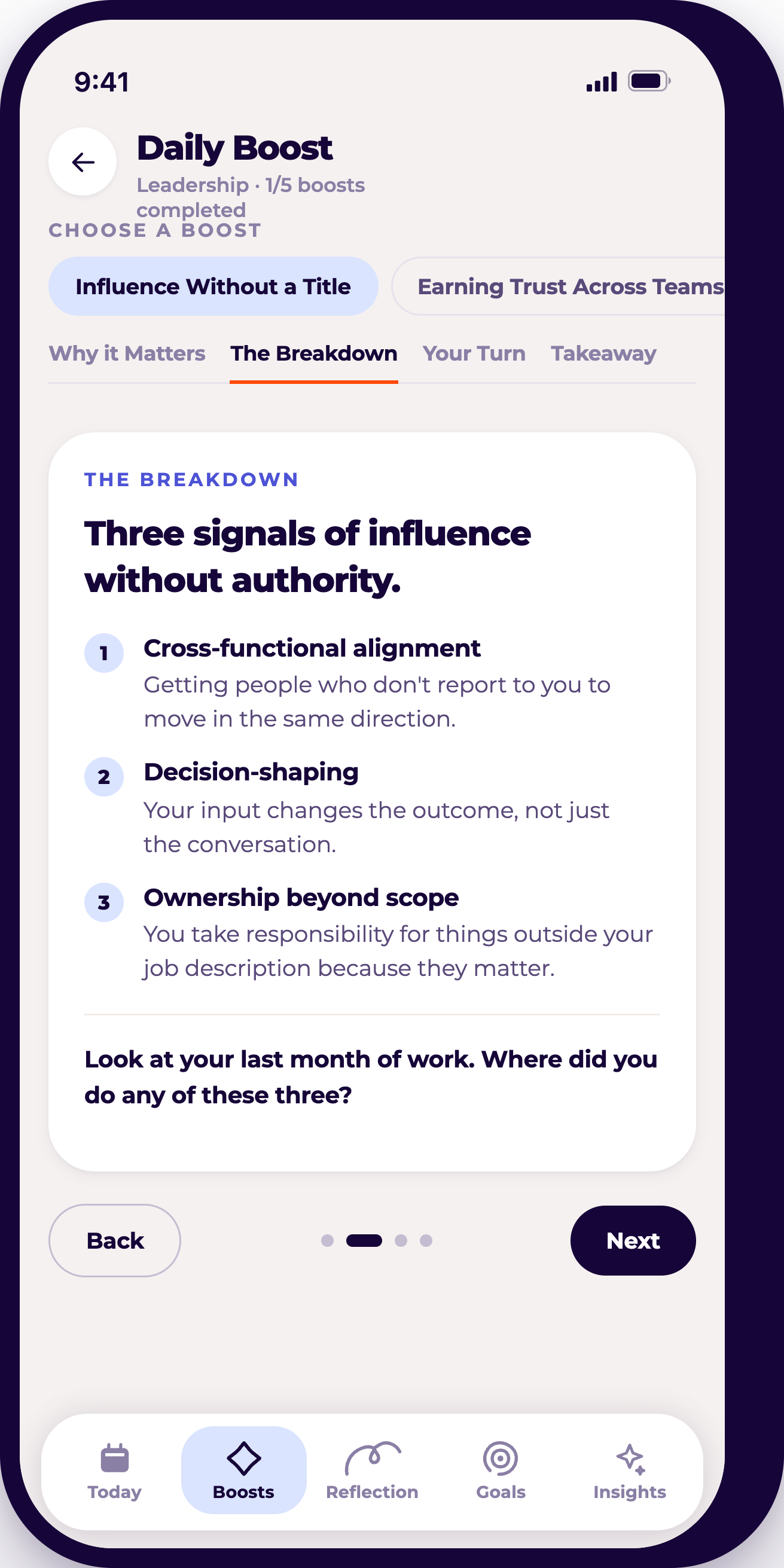 Mobile app screen displaying a section titled 'Daily Boost' with options for professional development, teaching about influence signals, and a navigation menu at the bottom.