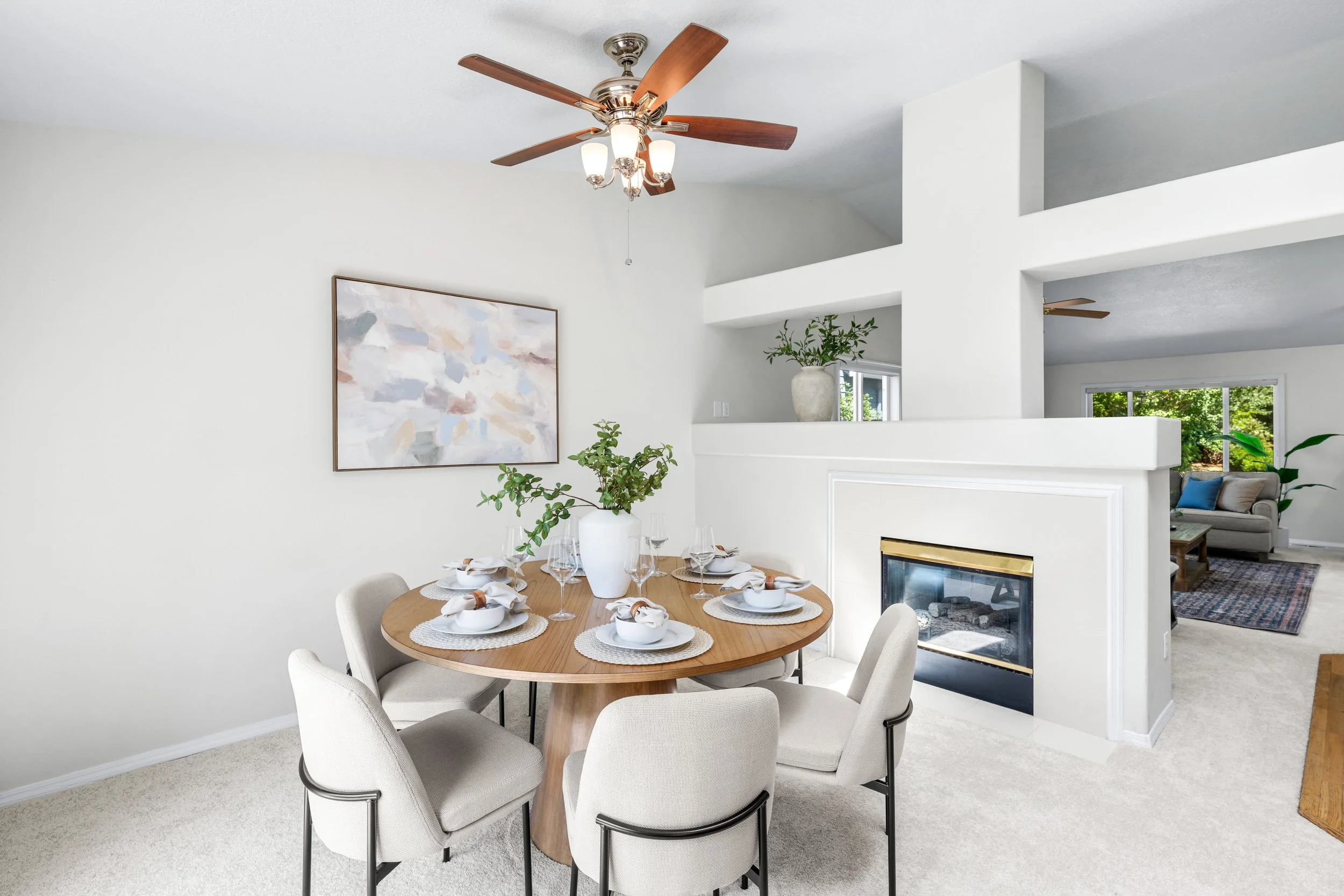 The natural light, vaulted ceilings, and warm wood tones gave us so much to work with in this Stoller Farms home. Our staging was designed to complement those features and bring a sense of warmth and intention to each space. So excited to see it now 