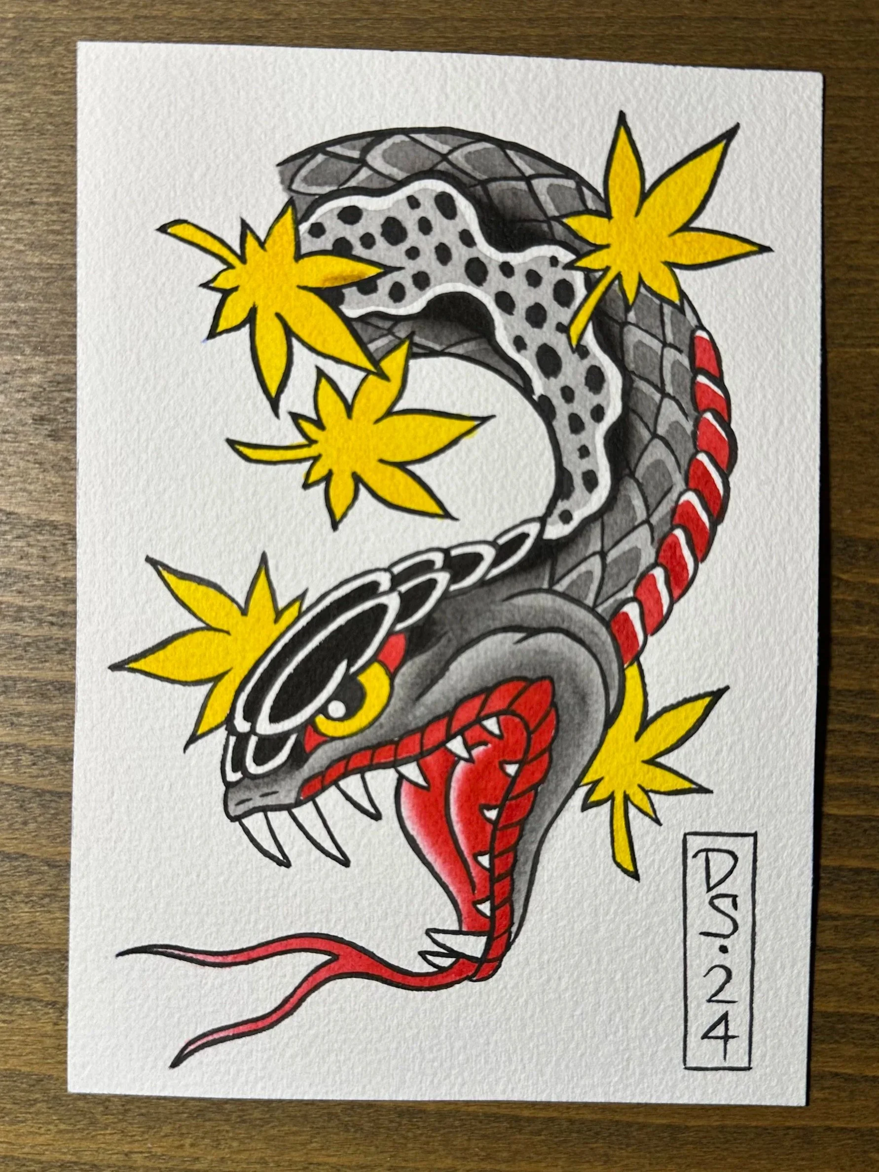 5x7in Original Painting: Snake and Maple Leaves