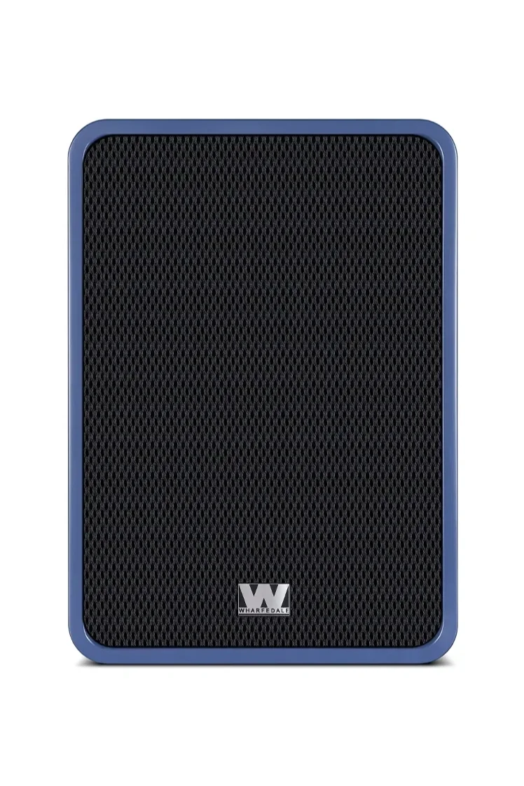 Wharfedale Denton 1S compact bookshelf loudspeaker in Blue finish with the black grille installed, shown from the front against a white background.