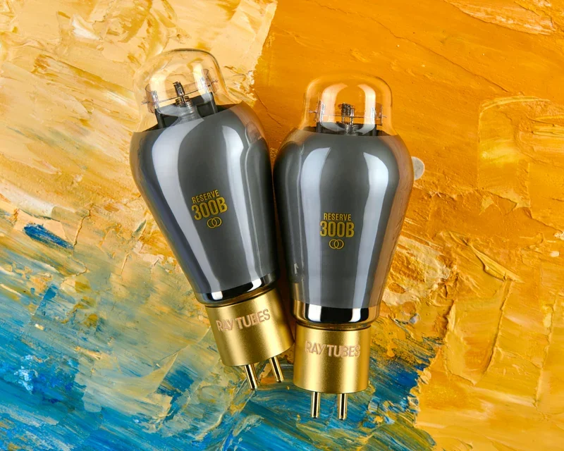Overhead view of two Ray Tubes RESERVE 300B vacuum tubes with metallic gray glass and orange lettering, set against an abstract oil painting.