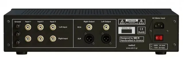 Rear panel of the Lab 12 Melto 2 showing three configurable phono inputs, balanced and RCA outputs, and dedicated ground connections.