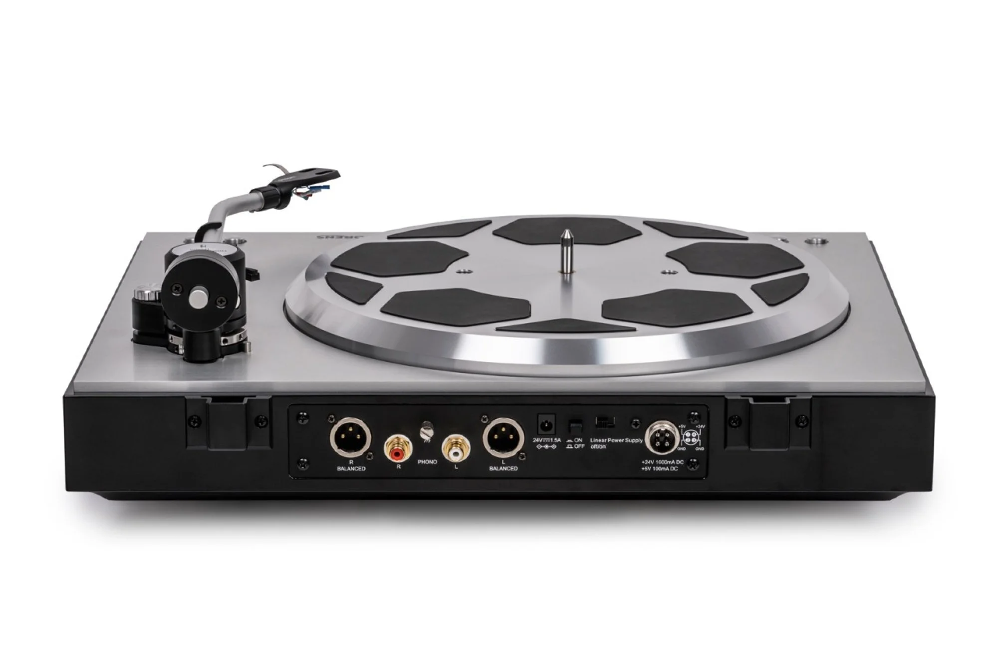 Rear view of Thorens TD 404 DD turntable showing platter, TP 160 tonearm, balanced and RCA outputs, and external power connections