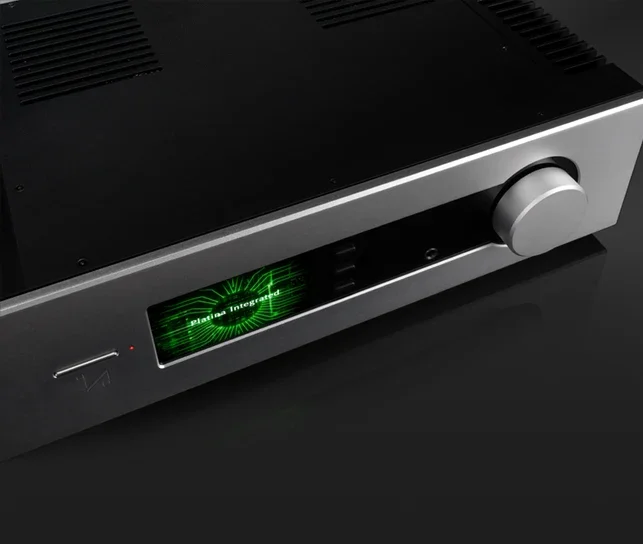 Quad Platina integrated amplifier in silver, showing the display, controls and volume knob