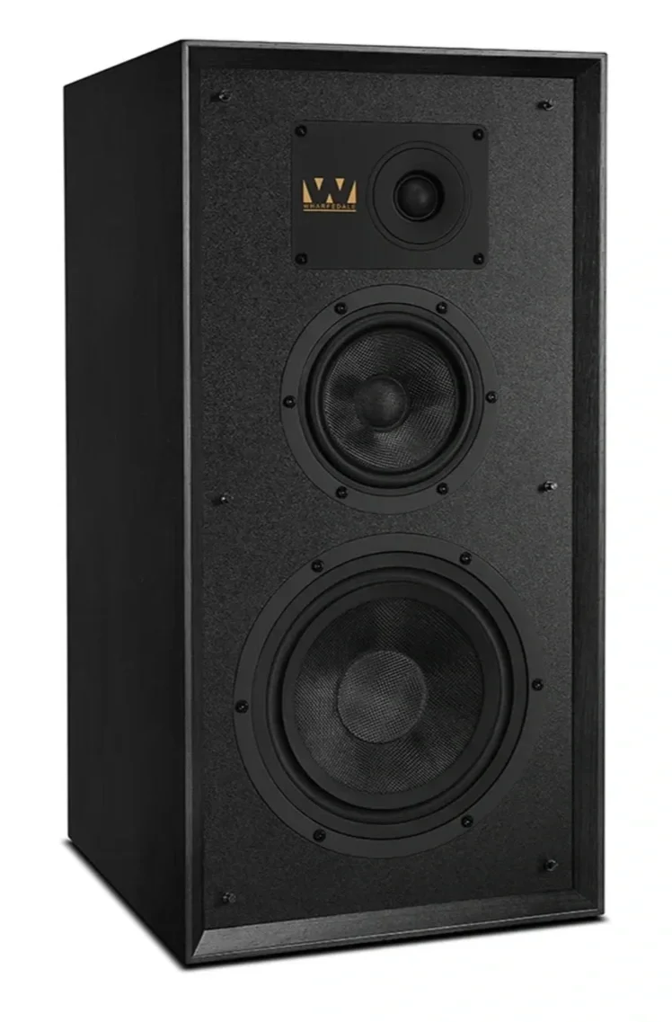 Wharfedale Super Linton speaker, black oak wood veneer cabinet with grill removed, revealing bass, mid and tweeter.