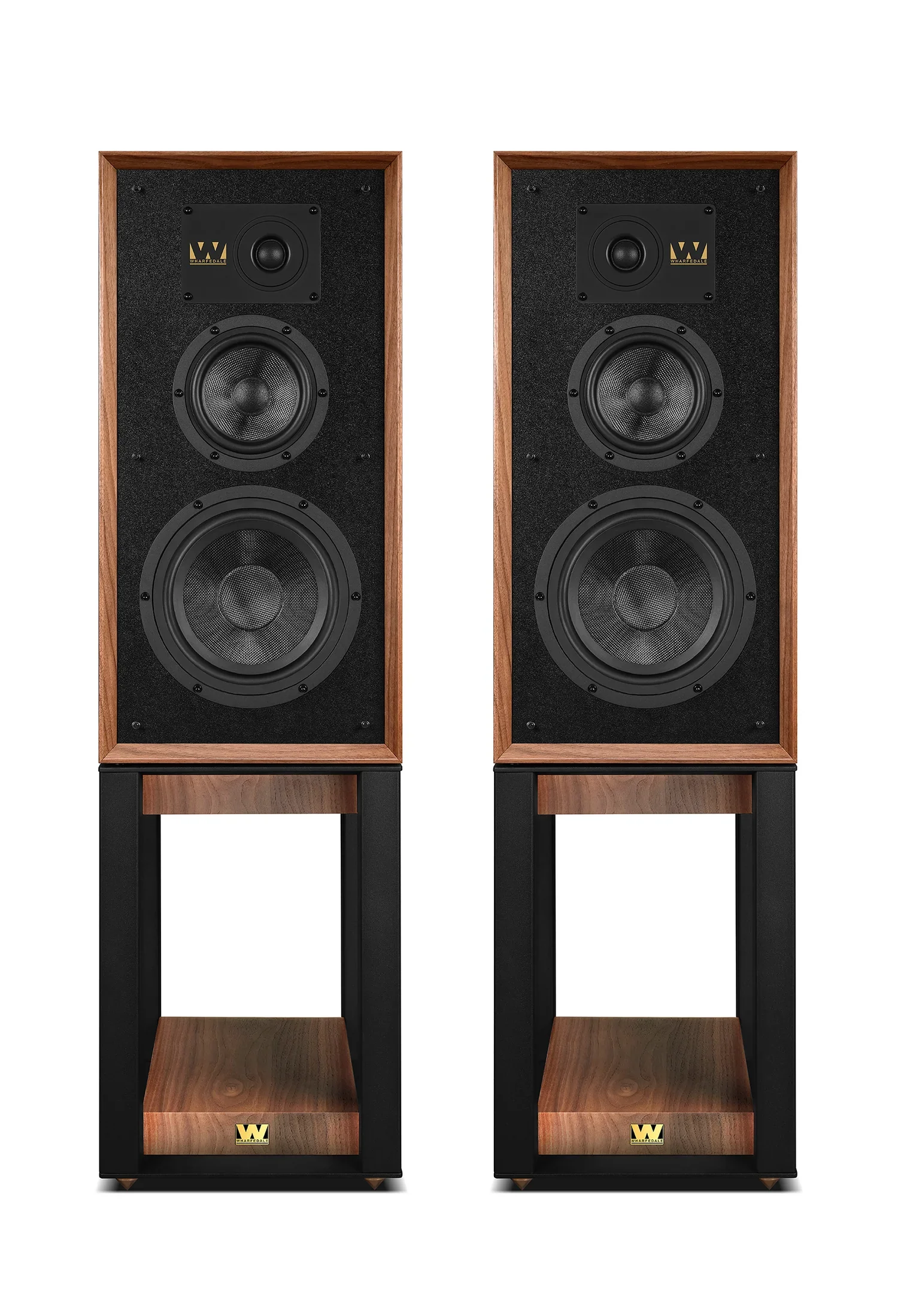 Pair of Wharfedale Super Linton loudspeakers in Walnut finish shown without grilles on matching stands, highlighting the three-way driver arrangement and dedicated midrange driver.