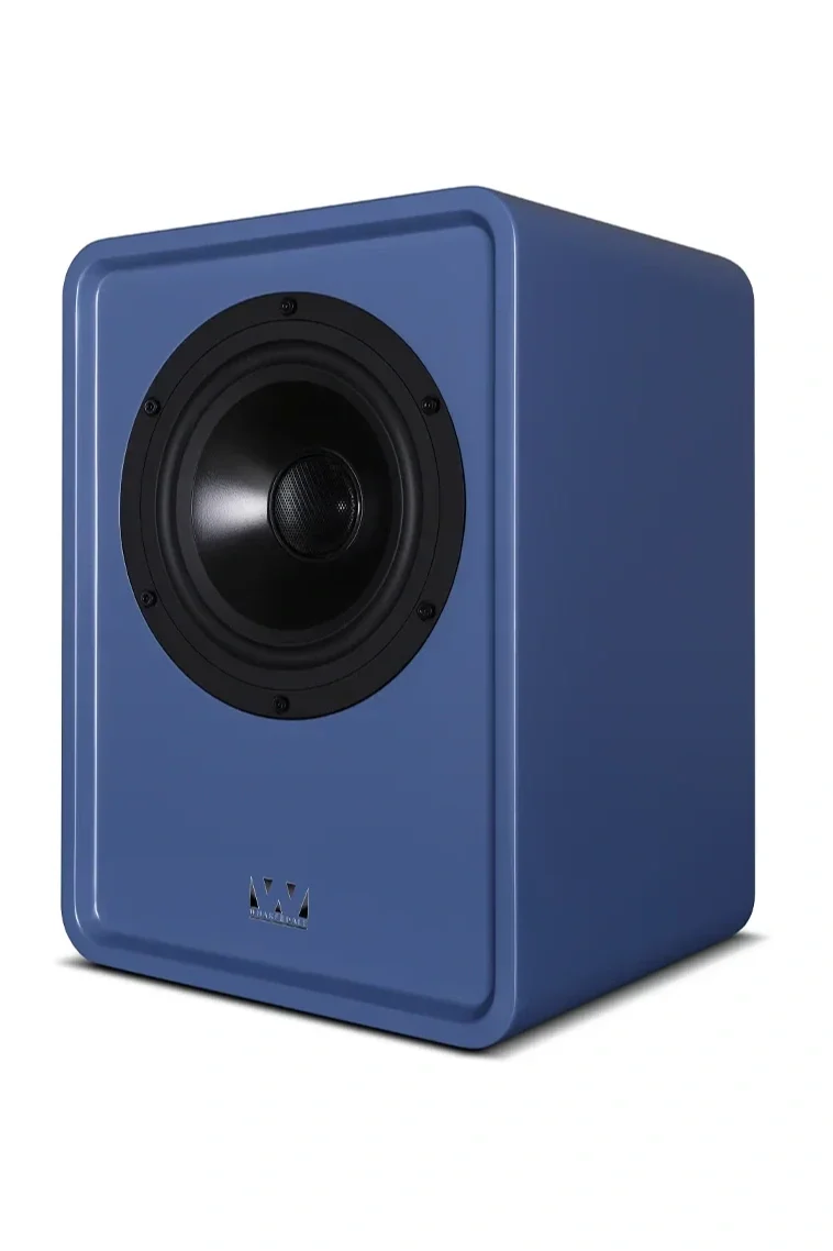 Wharfedale Denton 1S compact coaxial bookshelf loudspeaker in Blue finish shown from a front three-quarter angle against a white background .