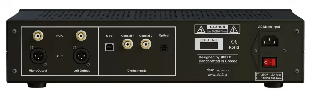 Rear panel of the Lab12 dac1 reference showing USB, coaxial and optical digital inputs, RCA and XLR analog outputs, power connection, and rear power switch.