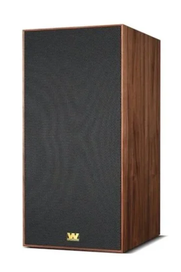 Wharfedale Super Linton three-way bookshelf loudspeaker in Walnut finish with the black grille installed, shown from a front three-quarter angle.