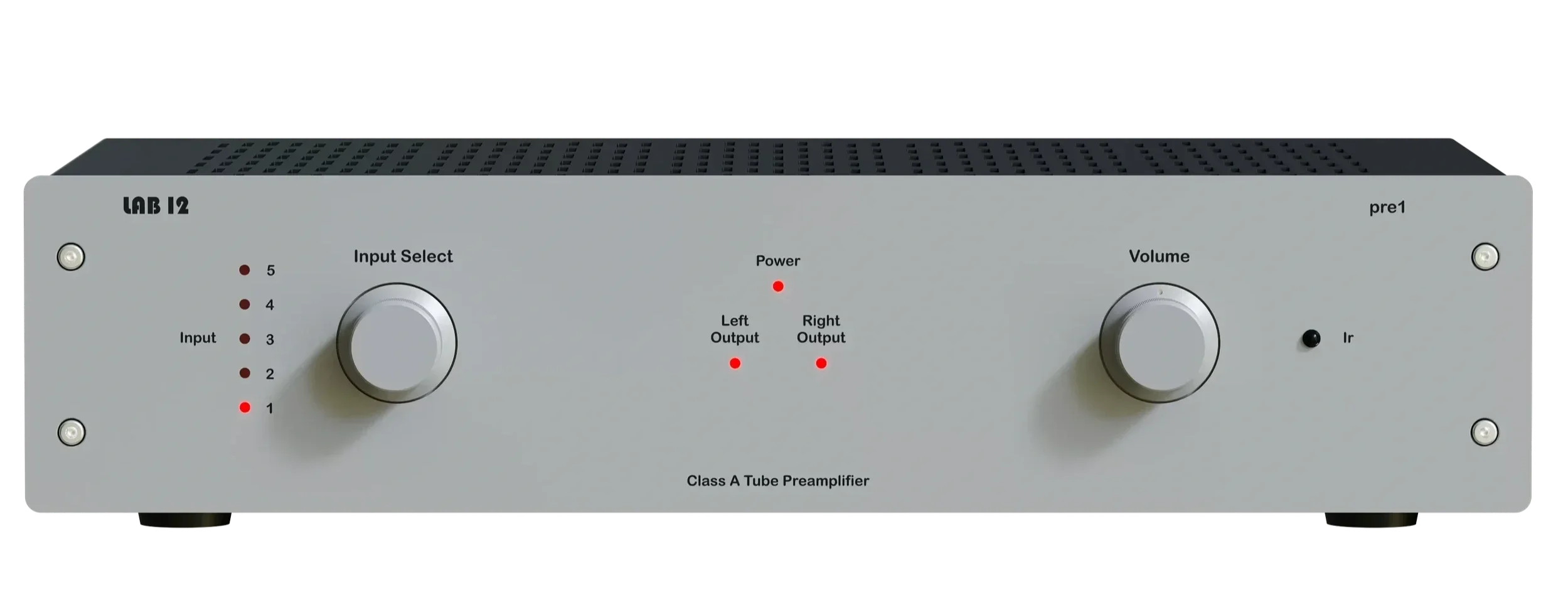 Lab12 pre1 preamplifier in silver, shown from the front with 5 inputs, power and left and right output led indicators and volume control.