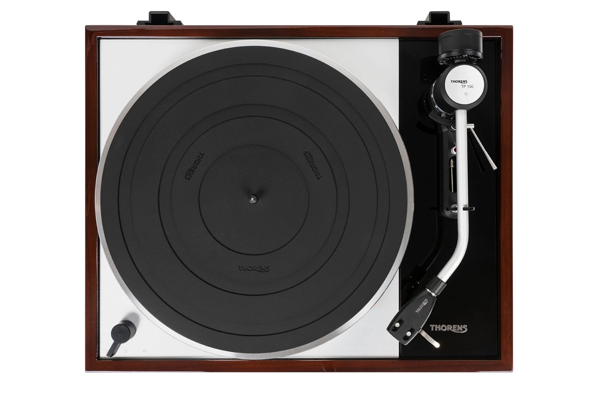 Here’s a revised version that explicitly calls out the tonearm:  Alt text: Top view of Thorens TD 1500 belt-drive turntable showing suspended platter, TP 150 tonearm, and walnut-accented plinth