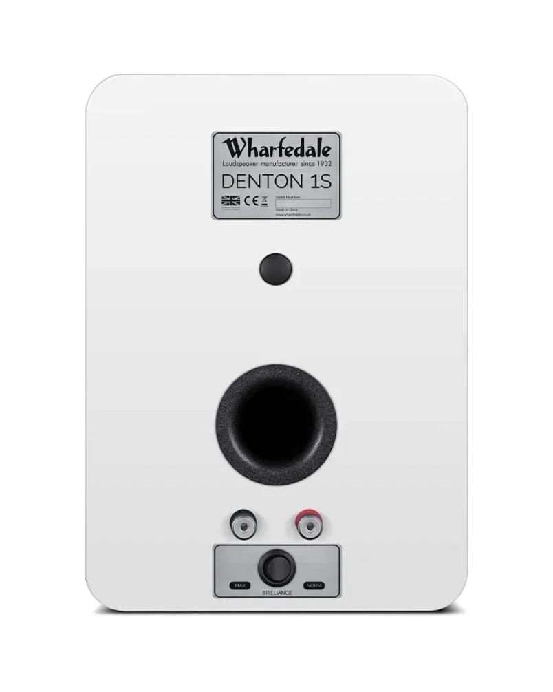 Rear view of the Wharfedale Denton 1S in White finish showing the rear bass port, speaker terminals, and brilliance adjustment control.