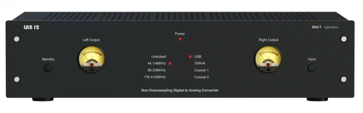 Front view of the Lab12 dac1 reference digital-to-analog converter with dual illuminated VU meters, input and sampling rate indicators, standby and input controls, and a matte black aluminum chassis.