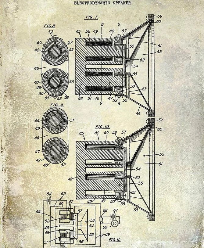 Early electrodynamic field-coil loudspeaker patent illustration