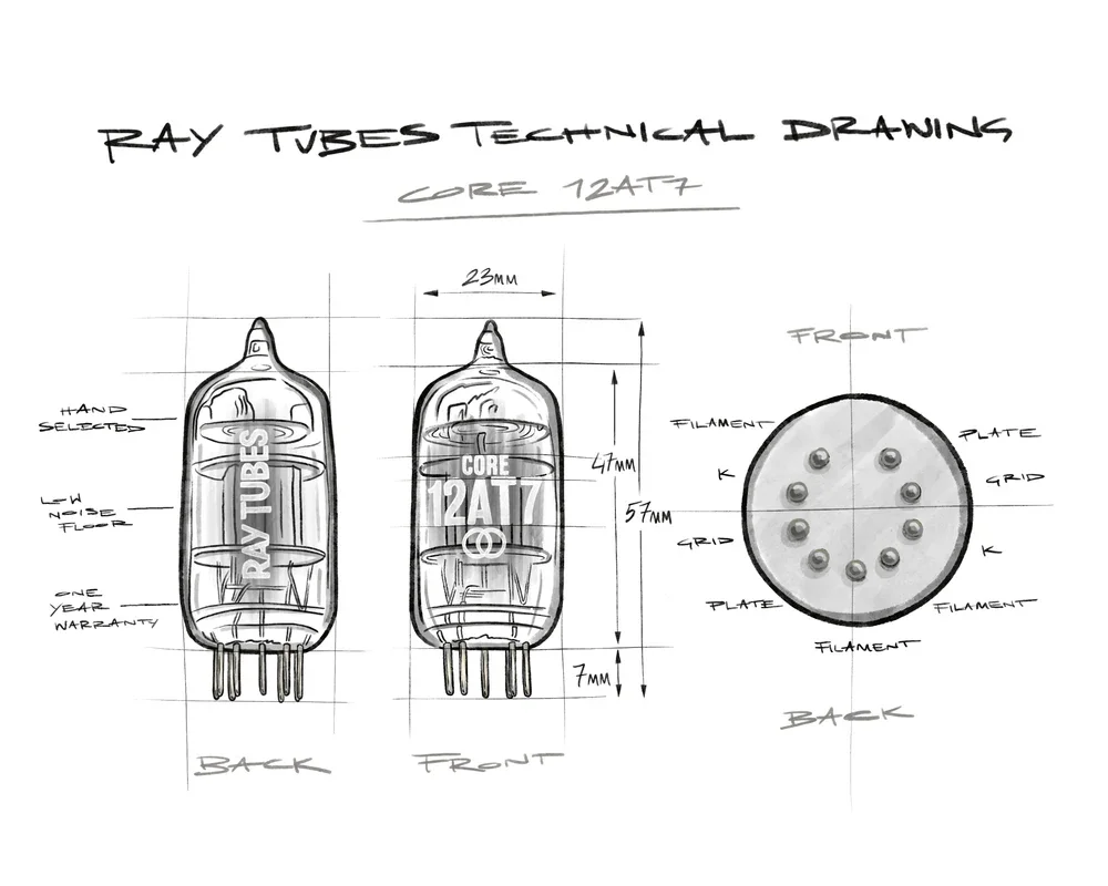 Ray Tubes technical drawing done in charcoal againt a white background showing three views of a 12AT7: front, back, and bottom with annotations.