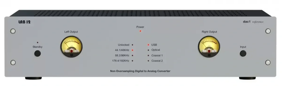 Front view of the Lab12 dac1 reference in Frozen Silver, showing the minimalist front panel, dual illuminated VU meters, input and sampling rate indicators, and understated industrial design.