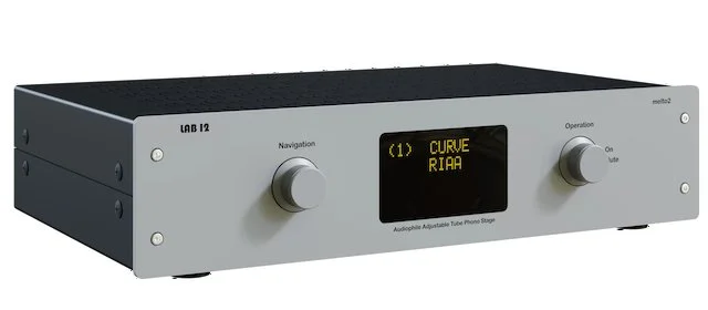Alt text:  Lab 12 Melto 2 tube phono stage in silver finish, angled front view showing dual control knobs and central display with RIAA curve selected.