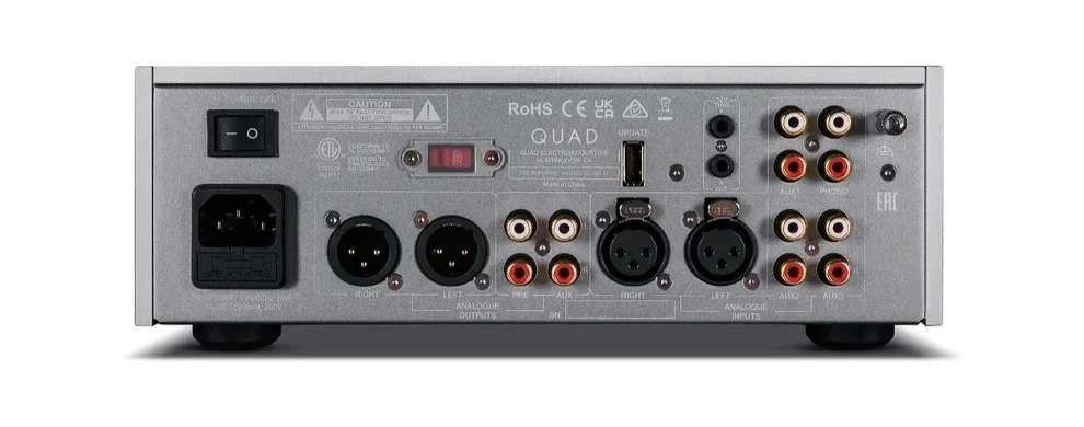Rear view of the Quad 33 preamplifier in silver, showing its balanced XLR and RCA analog inputs and outputs, phono input and trigger ports..