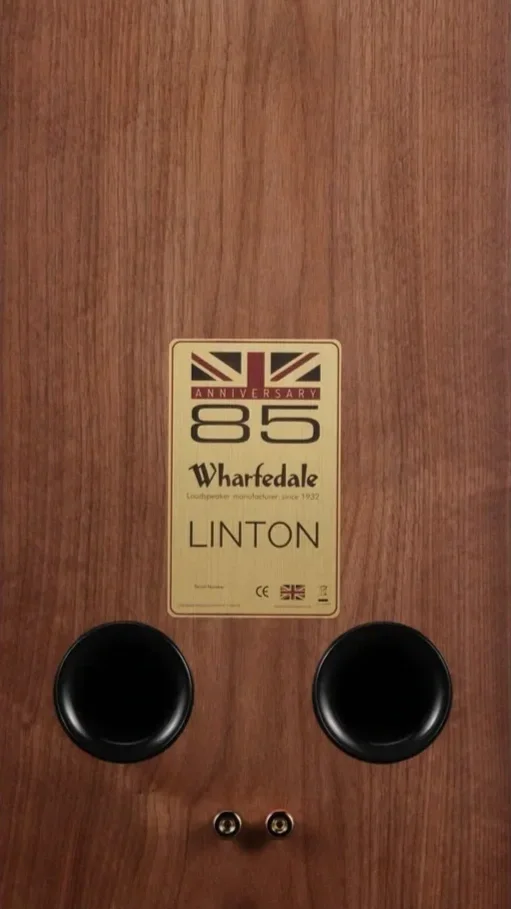 Rear view of the Wharfedale Linton 85 in Walnut finish showing the twin rear bass ports and speaker terminals.