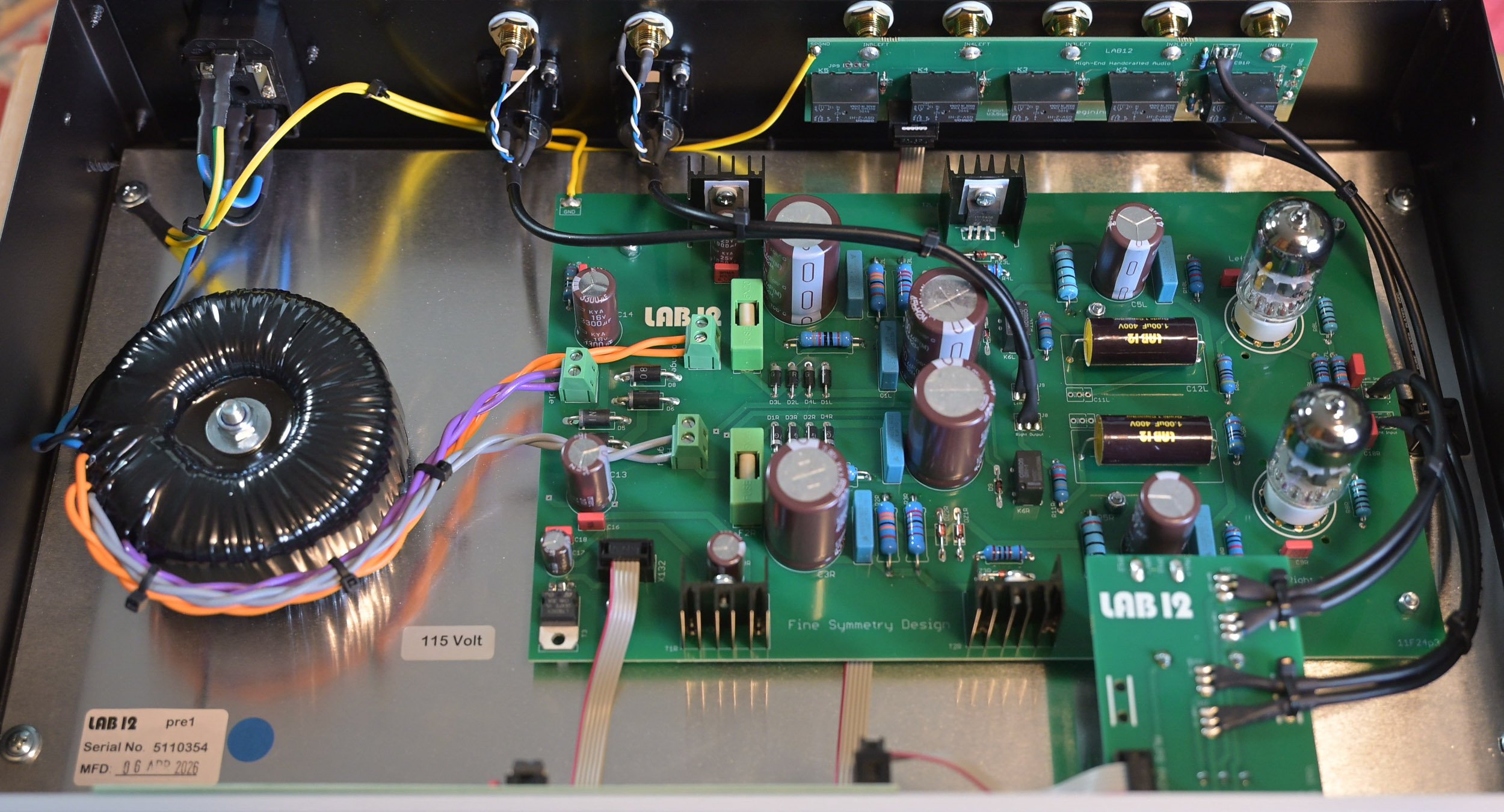 Interior of the Lab12 pre1 showing its dual-triode Class A circuit, toroidal power transformer, and carefully organized component layout.