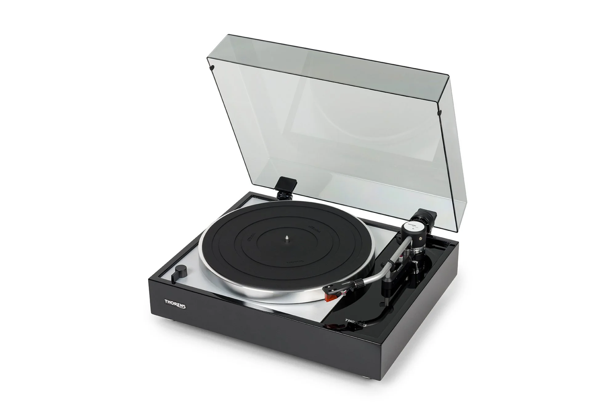 Thorens TD 1500 belt-drive turntable in black finish with dust cover open, showing suspended chassis, platter, and tonearm