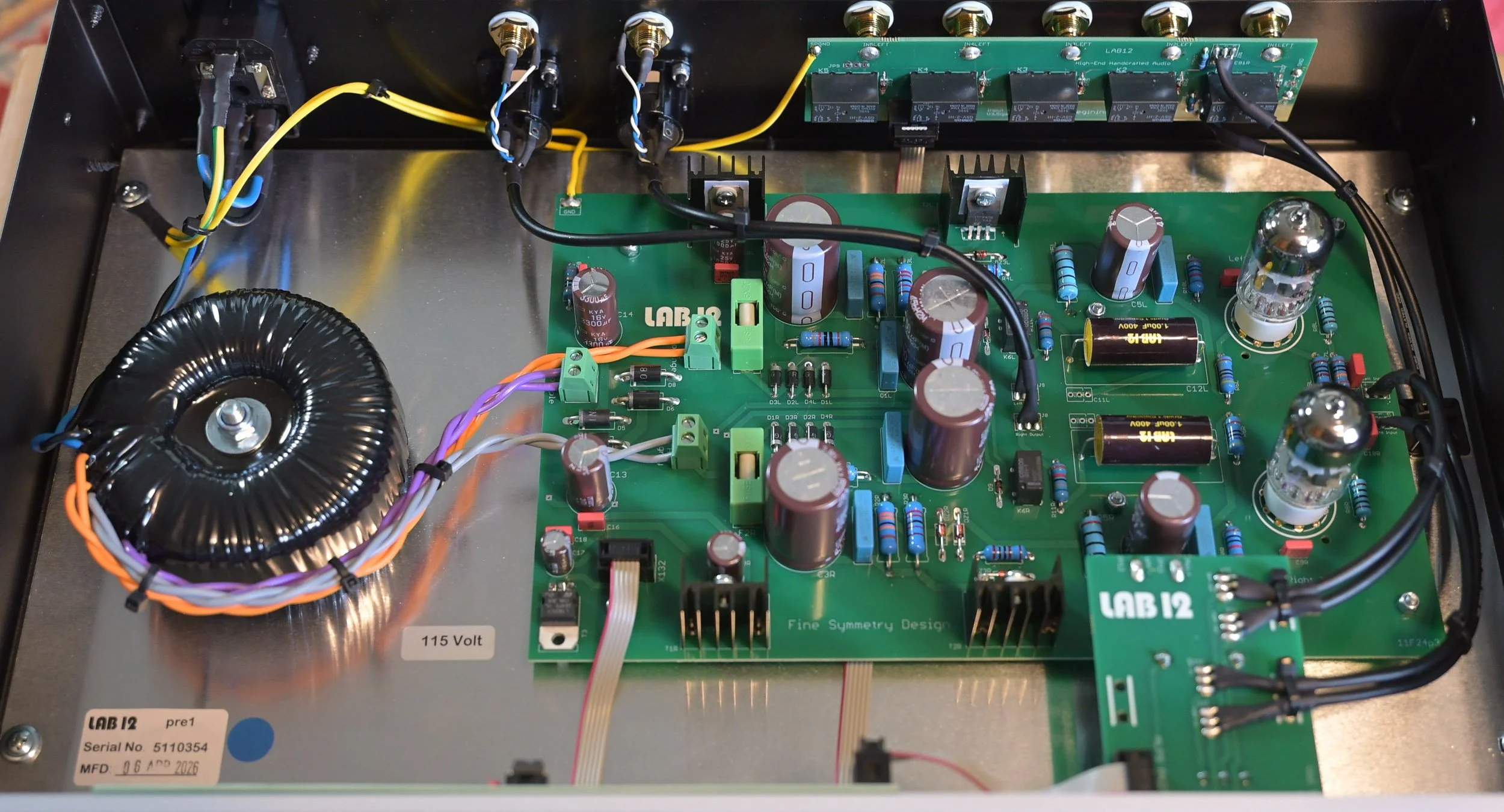 Interior of the Lab12 pre1 showing its dual-triode Class A circuit, toroidal power transformer, and carefully organized component layout.