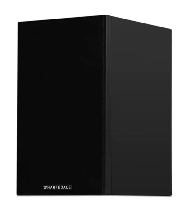 Wharfedale Diamond 12.0i compact bookshelf loudspeaker in Black Oak finish with the black grille installed, shown from a front three-quarter angle.