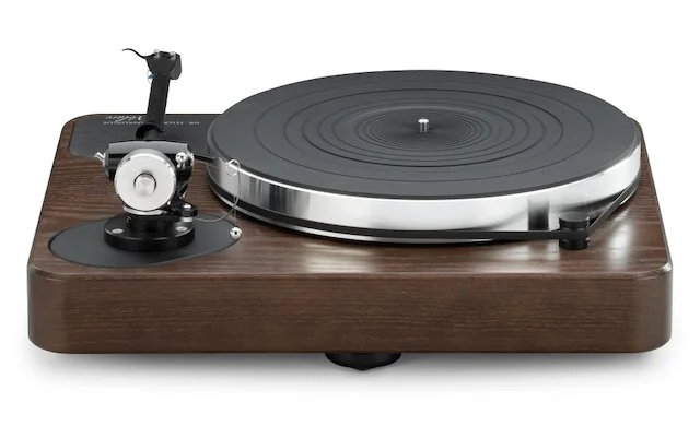Rear view of Dr. Feickert Analogue Volare turntable in walnut finish, showing aluminum platter, rubber matt, integrated motor and belt, with mounted tonearm.