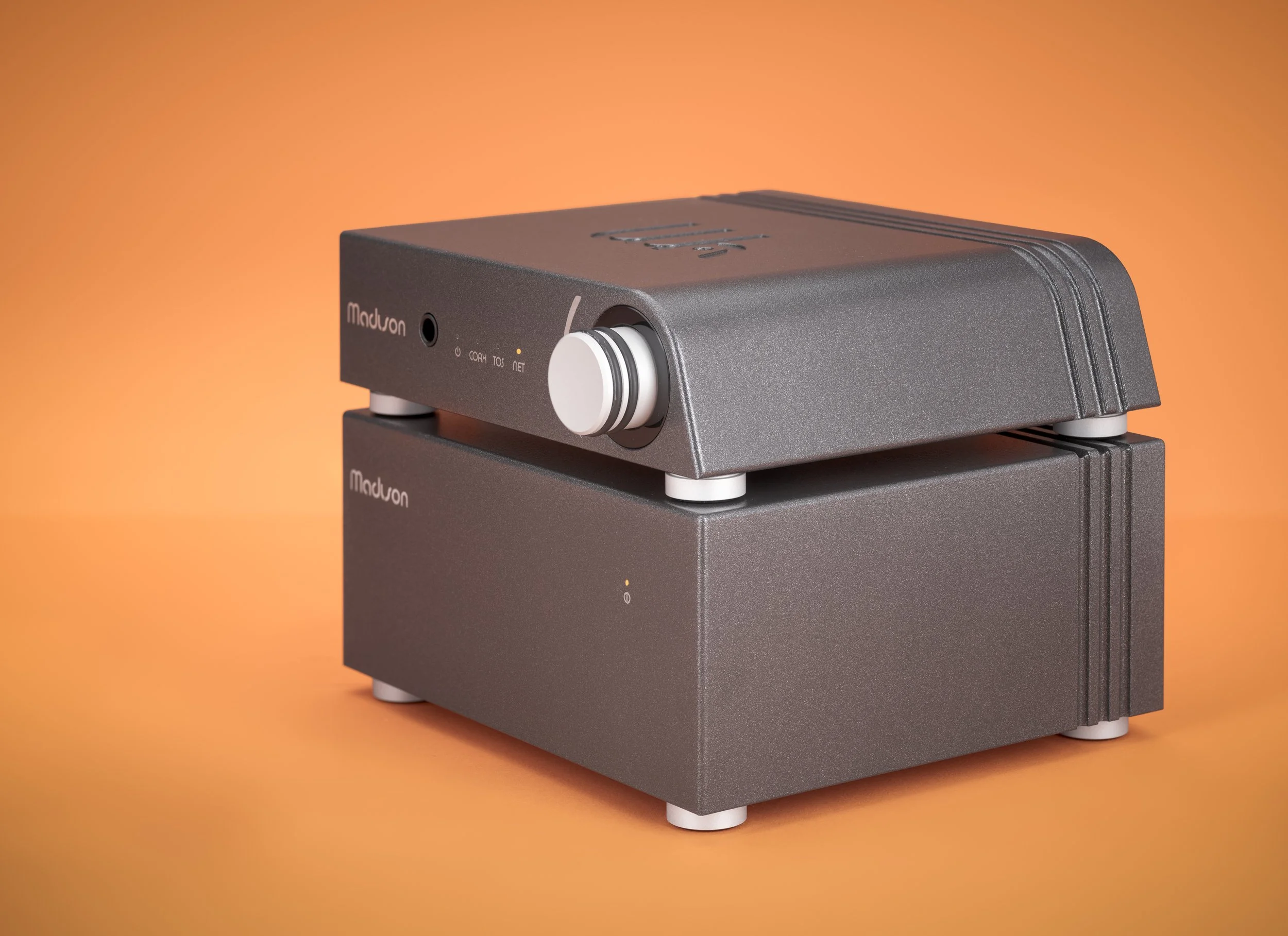 Dark Gray Wattson Madison Streamer and Madison Power S stacked in a three-quarter elevated view, highlighting the new finish option.