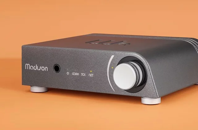 Wattson Madison Streamer DAC high-end network streamer in 3/4 profile, showing dark gray aluminum enclosure