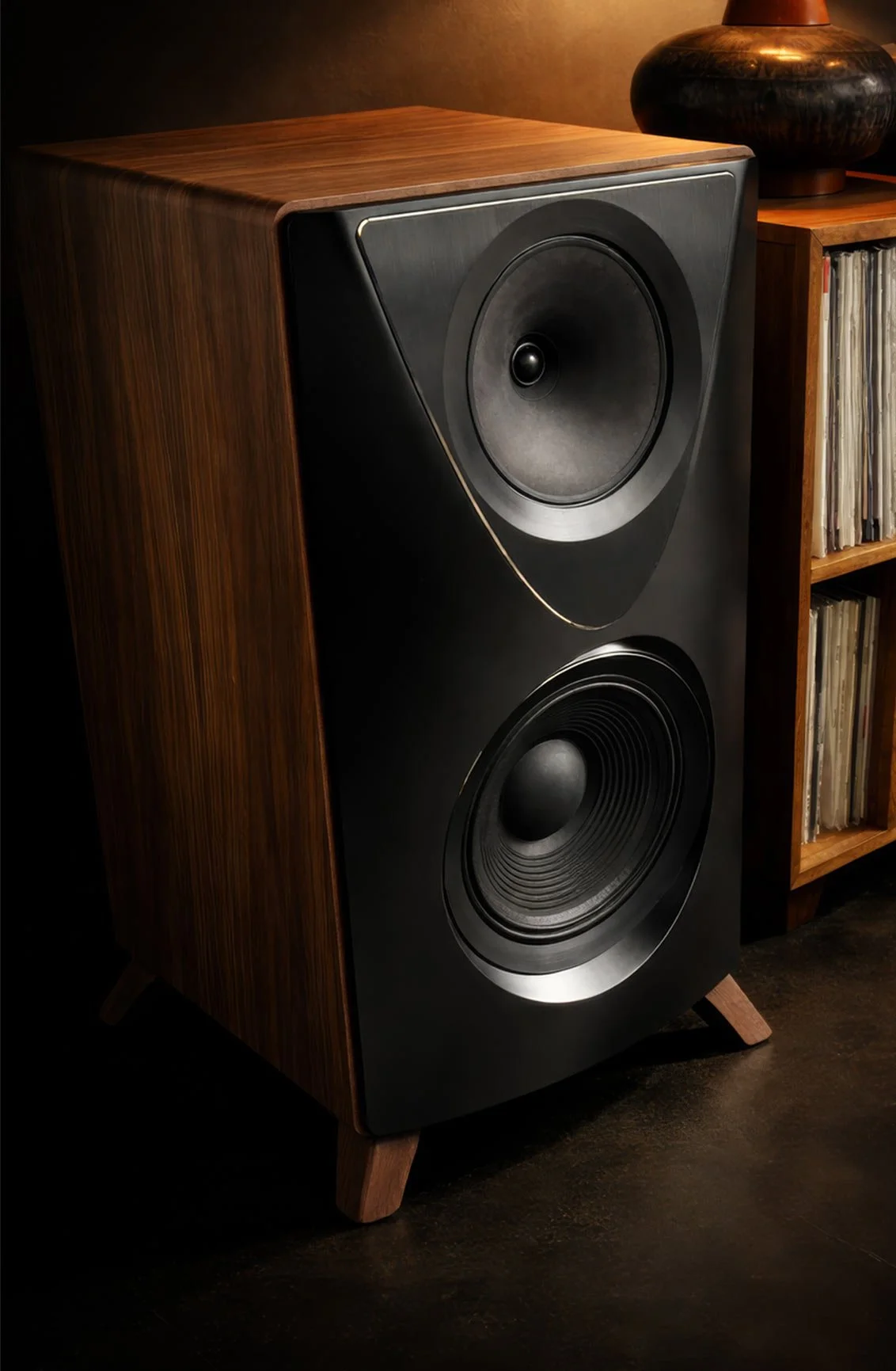 Jones & Carreta 3-way field-coil loudspeaker, shown with the grill off, revealing the 10" concentric driver and 12" woofer.