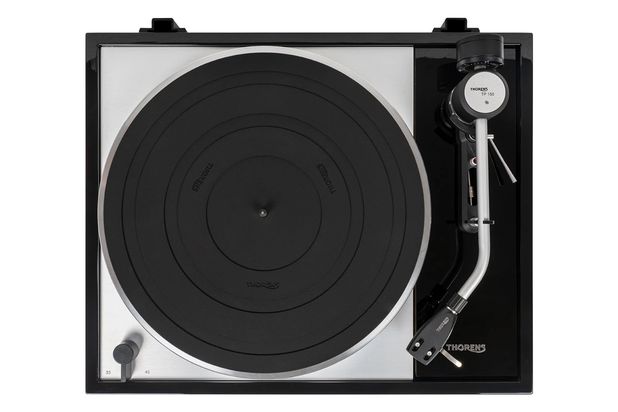 Thorens TD 1500 turntable in high-gloss black finish, top-down view showing aluminum platter with rubber mat and TP 150 tonearm on a suspended subchassis.